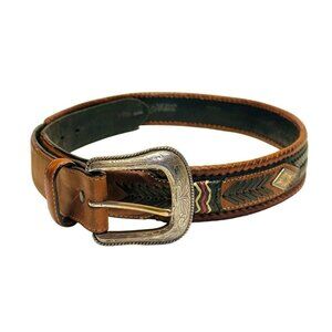 Justin Western Belt Size 36 Cowhide Leather Weave Pattern Concho 763BK